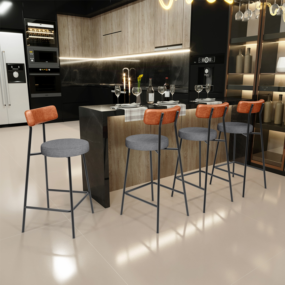 Banqueta Baixa Cozinha Sala Jantar Milão L02 Couríssimo Camel Linho Cinza Escuro  - Lyam Decor