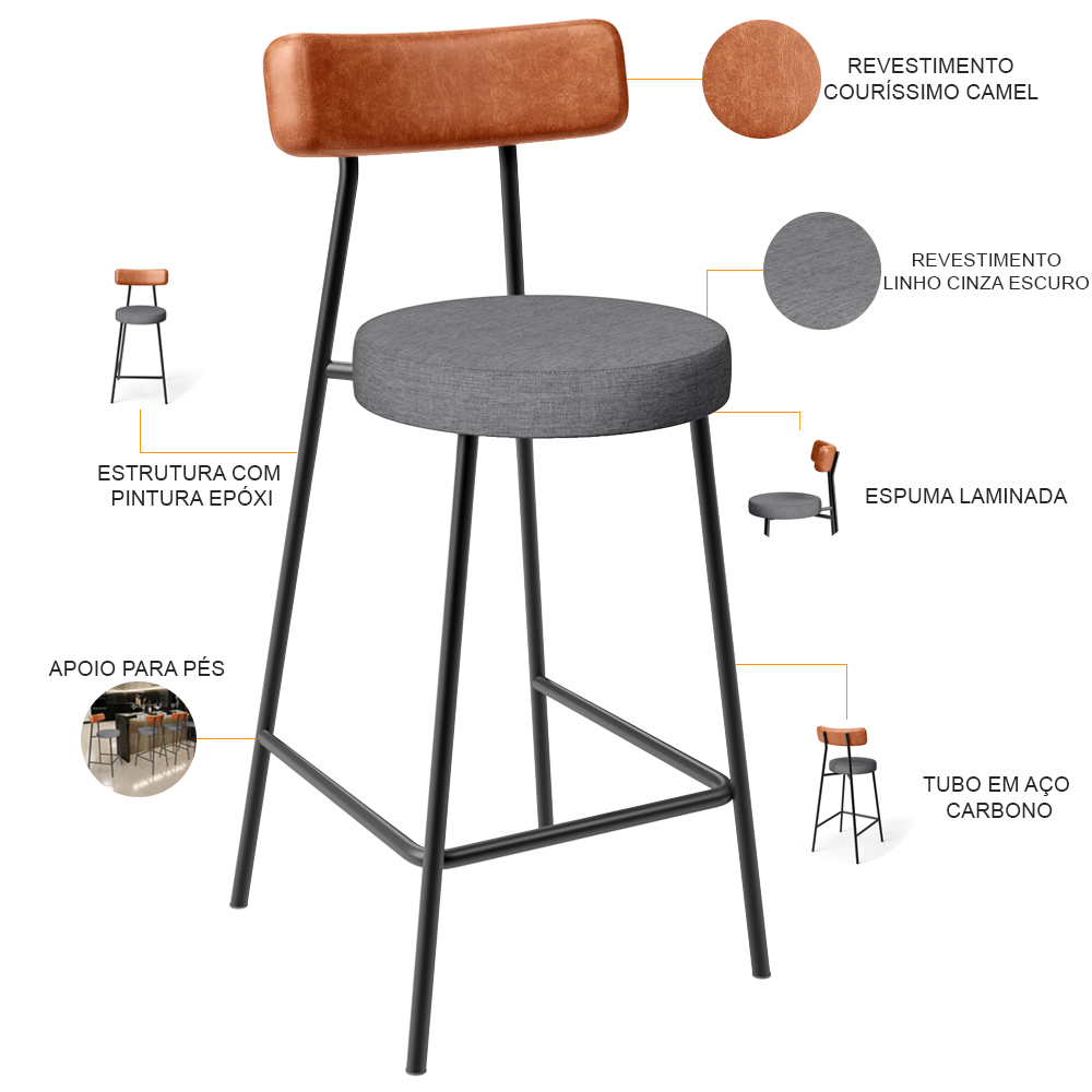 Banqueta Baixa Cozinha Sala Jantar Milão L02 Couríssimo Camel Linho Cinza Escuro  - Lyam Decor