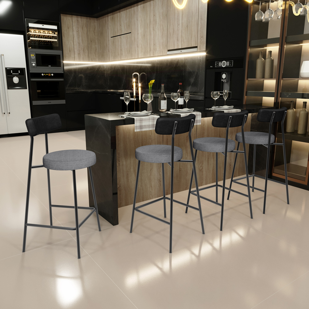 Banqueta Baixa Cozinha Sala Jantar Milão L02 Couríssimo Preto Linho Cinza Escuro - Lyam Decor