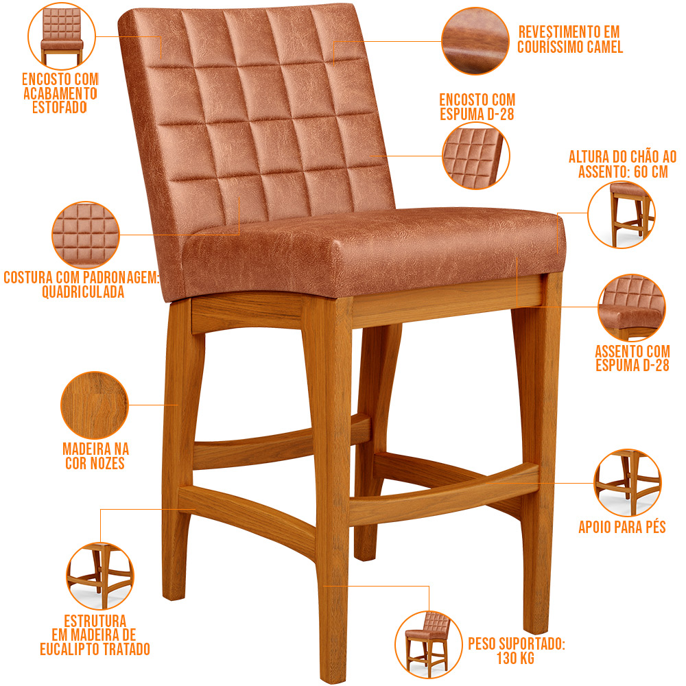Banqueta Baixa Para Cozinha Bancada Bar Sala De Jantar Fixa Mila L02 Couríssimo Camel - Lyam Decor