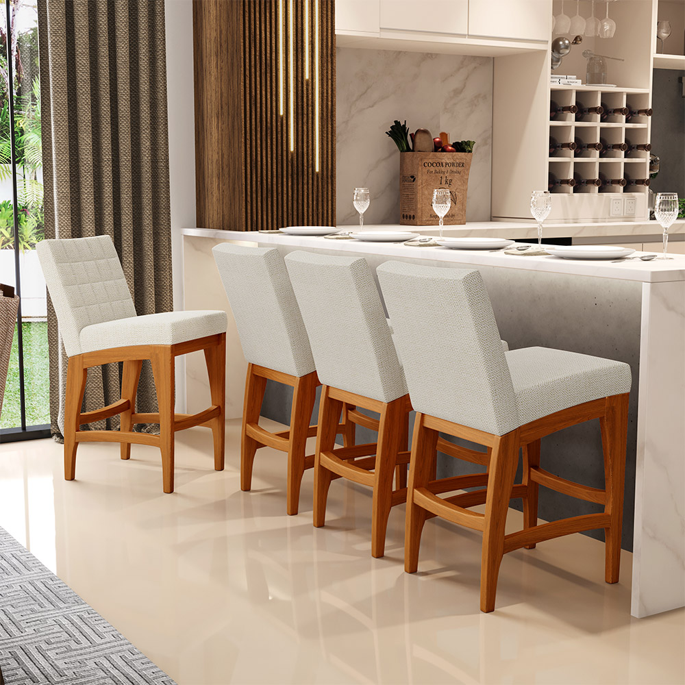 Banqueta Baixa Para Cozinha Bancada Bar Sala De Jantar Fixa Mila L02 Linho Champagne - Lyam Decor