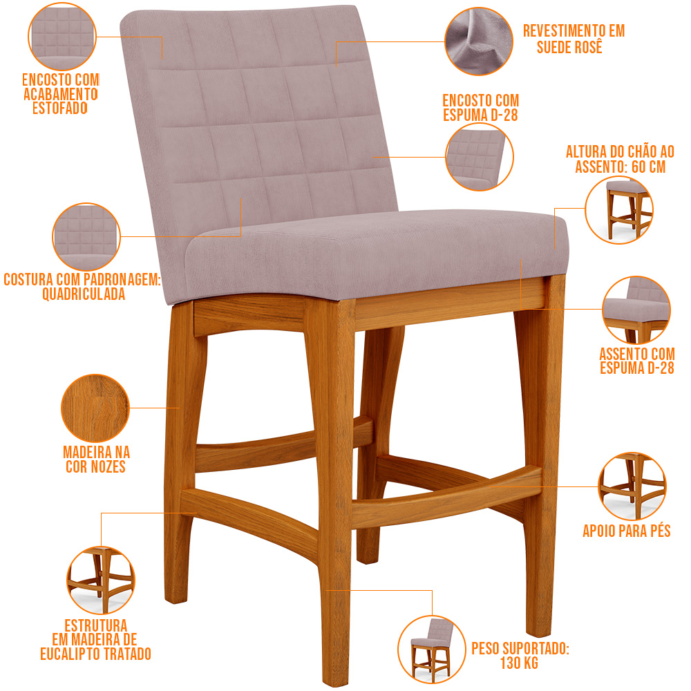 Banqueta Baixa Para Cozinha Bancada Bar Sala De Jantar Fixa Mila L02 Suede Rosê - Lyam Decor
