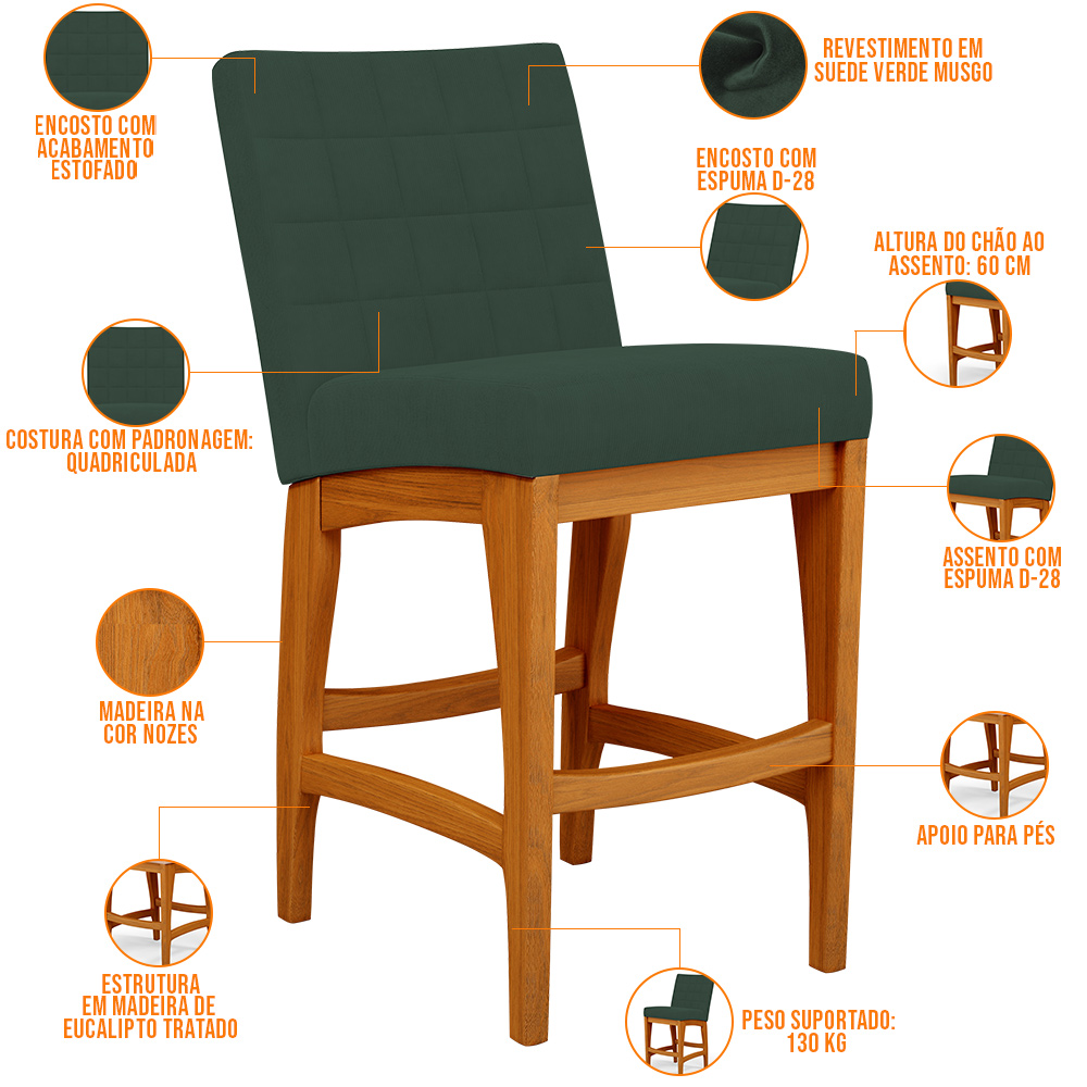 Banqueta Baixa Para Cozinha Bancada Sala De Jantar Fixa Mila L02 Suede Verde Musgo - Lyam Decor
