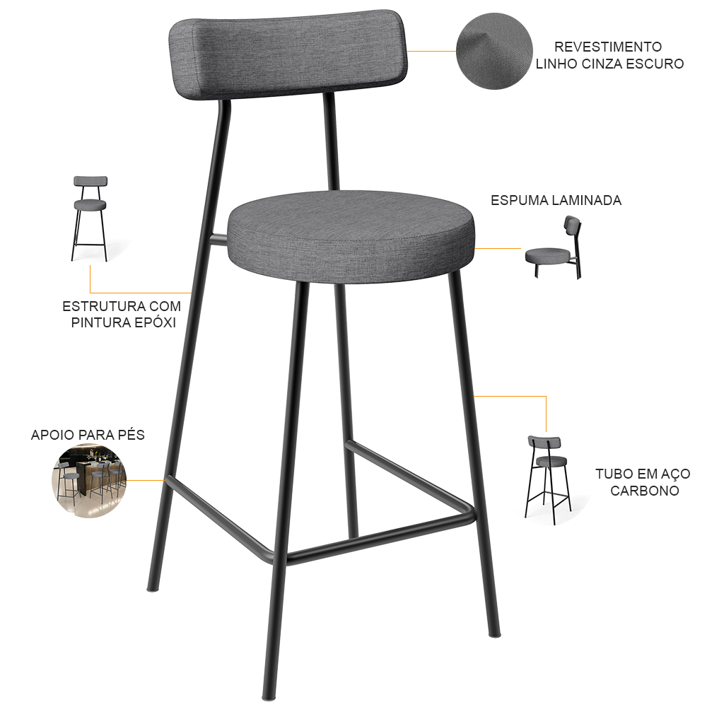 Banqueta Baixa Para Cozinha Sala De Jantar Bancada Milão L02 Linho Cinza Escuro - Lyam Decor