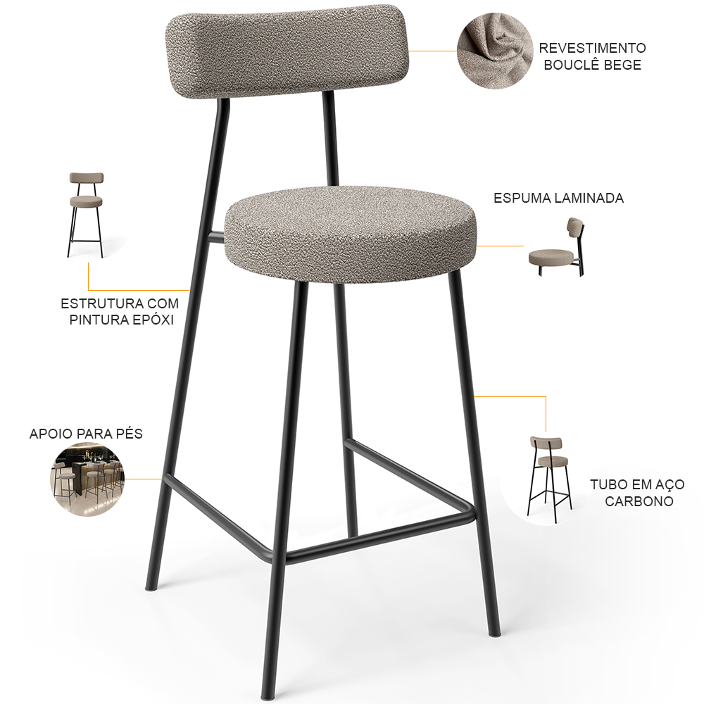 Banqueta Baixa Para Cozinha Sala De Jantar Bar Bancada Milão L02 Bouclê Bege - Lyam Decor