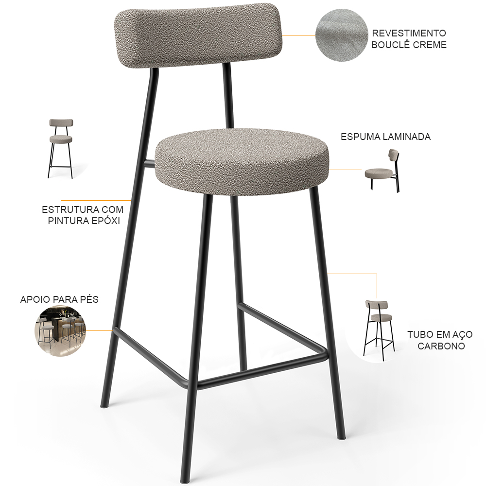 Banqueta Baixa Para Cozinha Sala De Jantar Bar Bancada Milão L02 Bouclê Creme - Lyam Decor