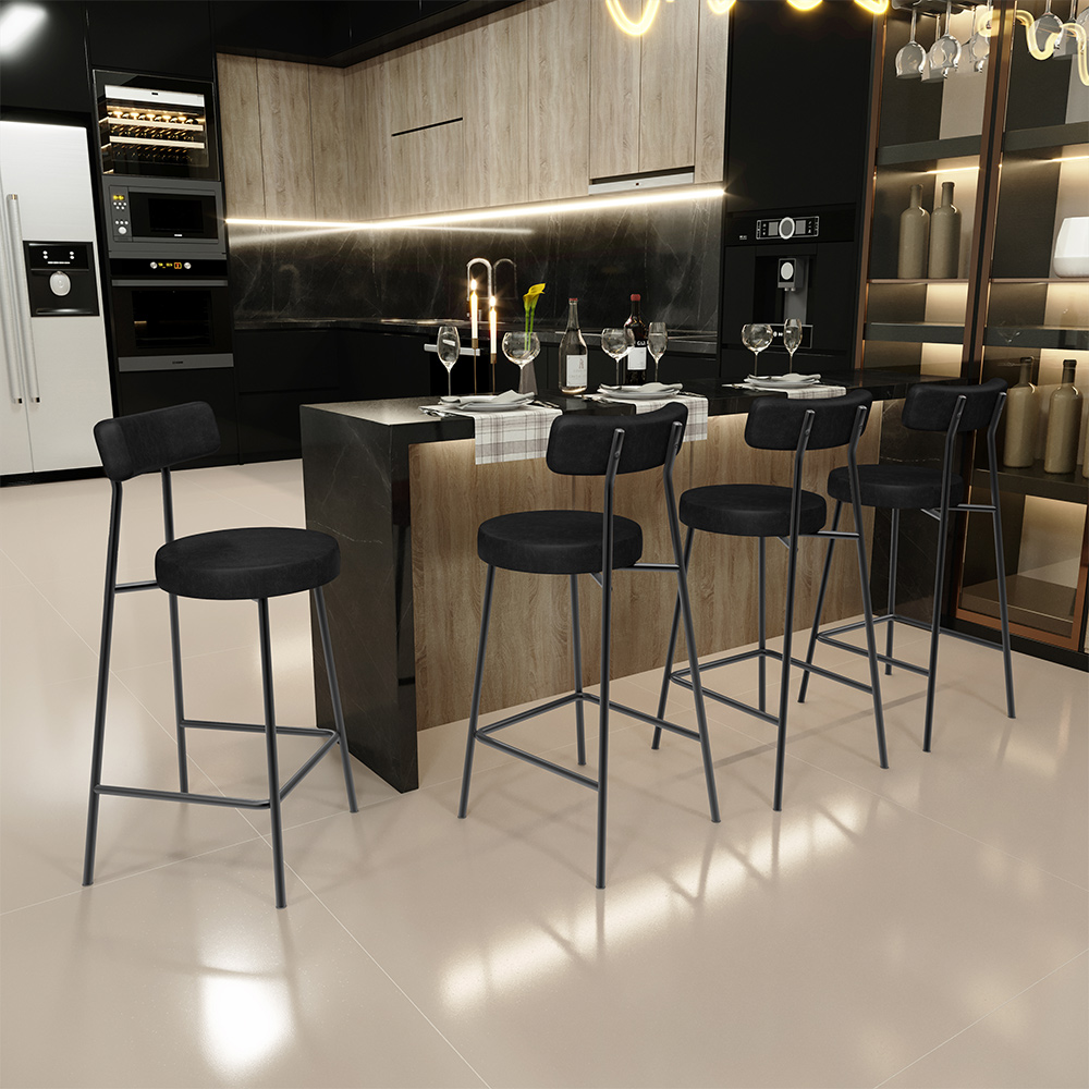 Banqueta Baixa Para Cozinha Sala De Jantar Bar Bancada Milão L02 Couríssimo Preto - Lyam Decor