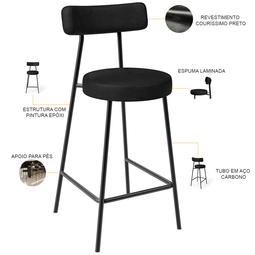 Banqueta Baixa Para Cozinha Sala De Jantar Bar Bancada Milão L02 Couríssimo Preto - Lyam Decor