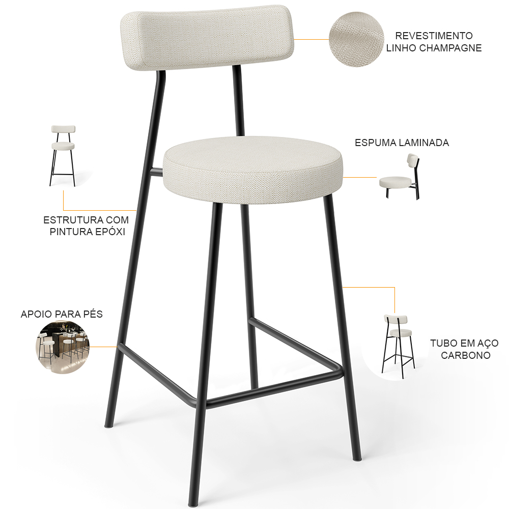 Banqueta Baixa Para Cozinha Sala De Jantar Bar Bancada Milão L02 Linho Champagne - Lyam Decor