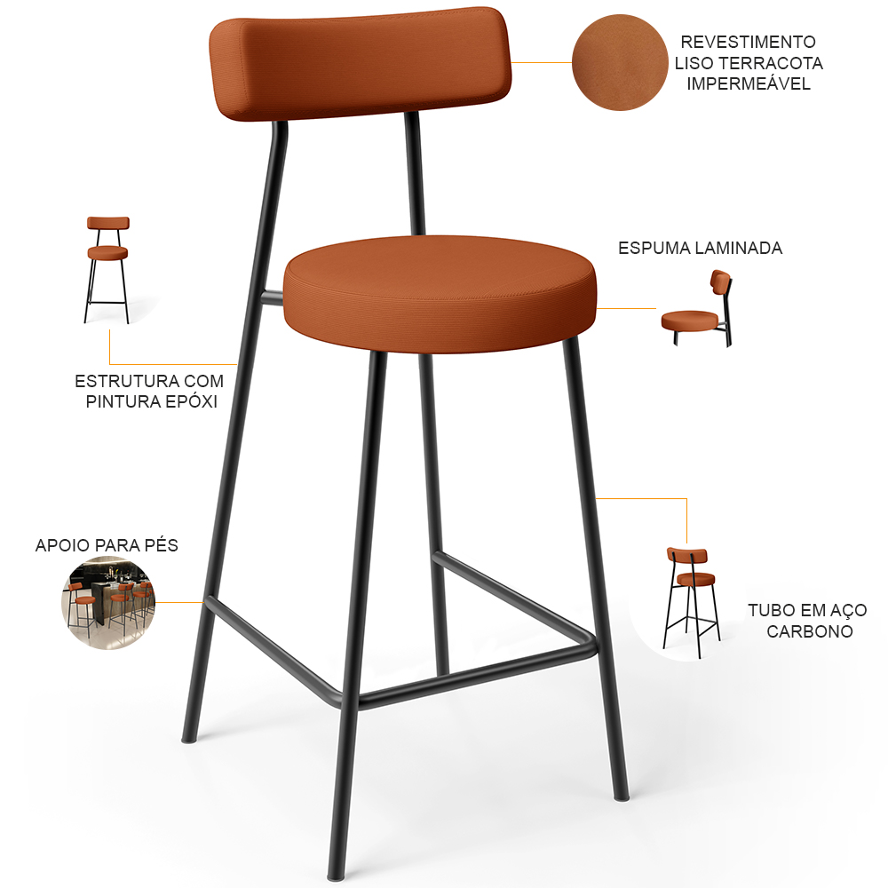 Banqueta Baixa Para Cozinha Sala De Jantar Bar Bancada Milão L02 Tecido Terracota - Lyam Decor