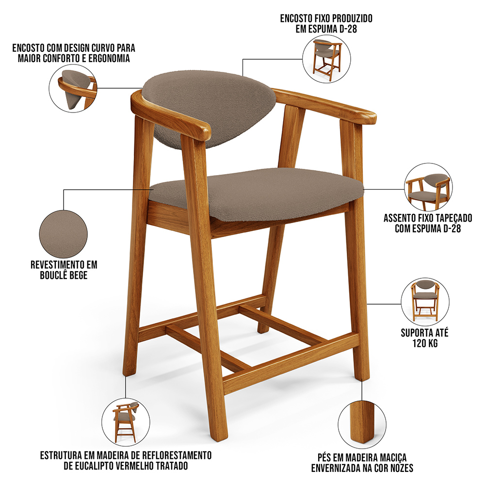Banqueta Baixa Para Cozinha Sala de Jantar Bancada Cecília L02 Bouclê Bege - Lyam Decor