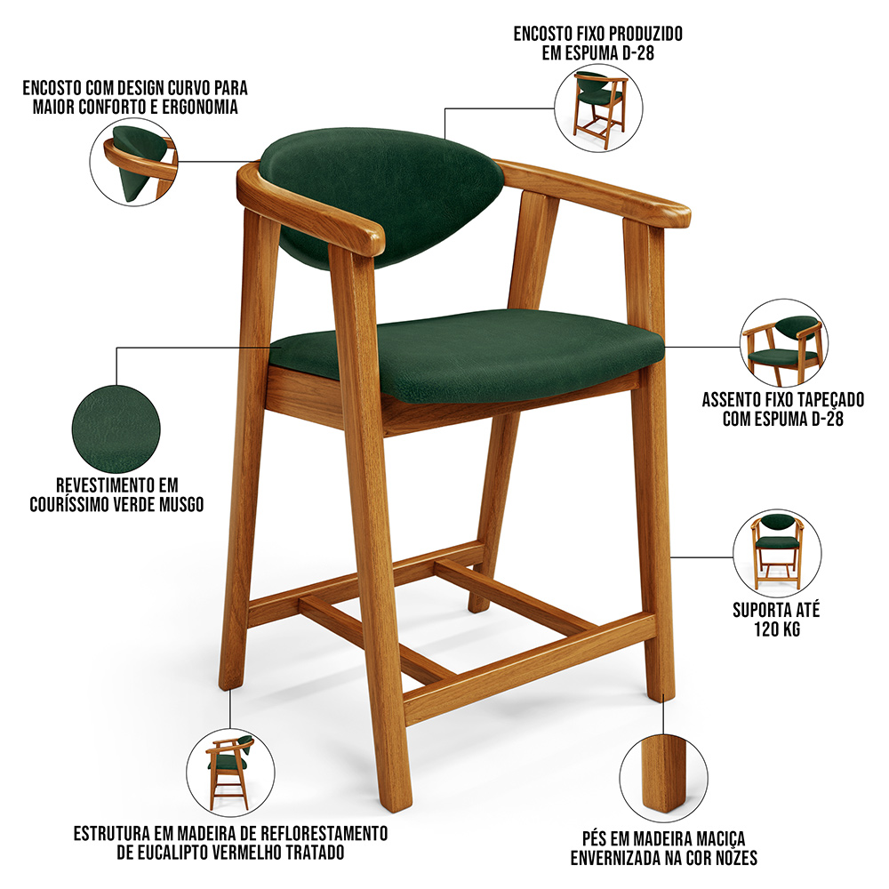 Banqueta Baixa Para Cozinha Sala de Jantar Bancada Cecília L02 Couríssimo Verde Musgo - Lyam Decor