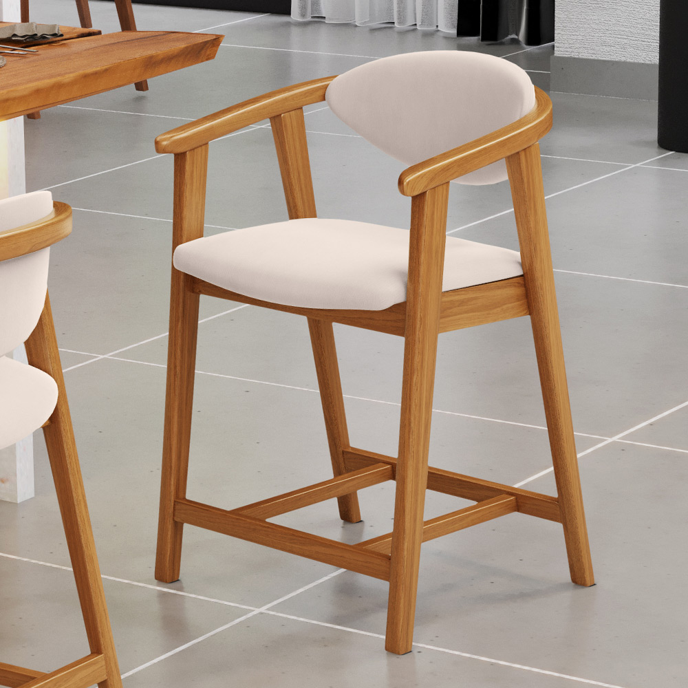 Banqueta Baixa Para Cozinha Sala de Jantar Bancada Cecília L02 Suede Bege - Lyam Decor
