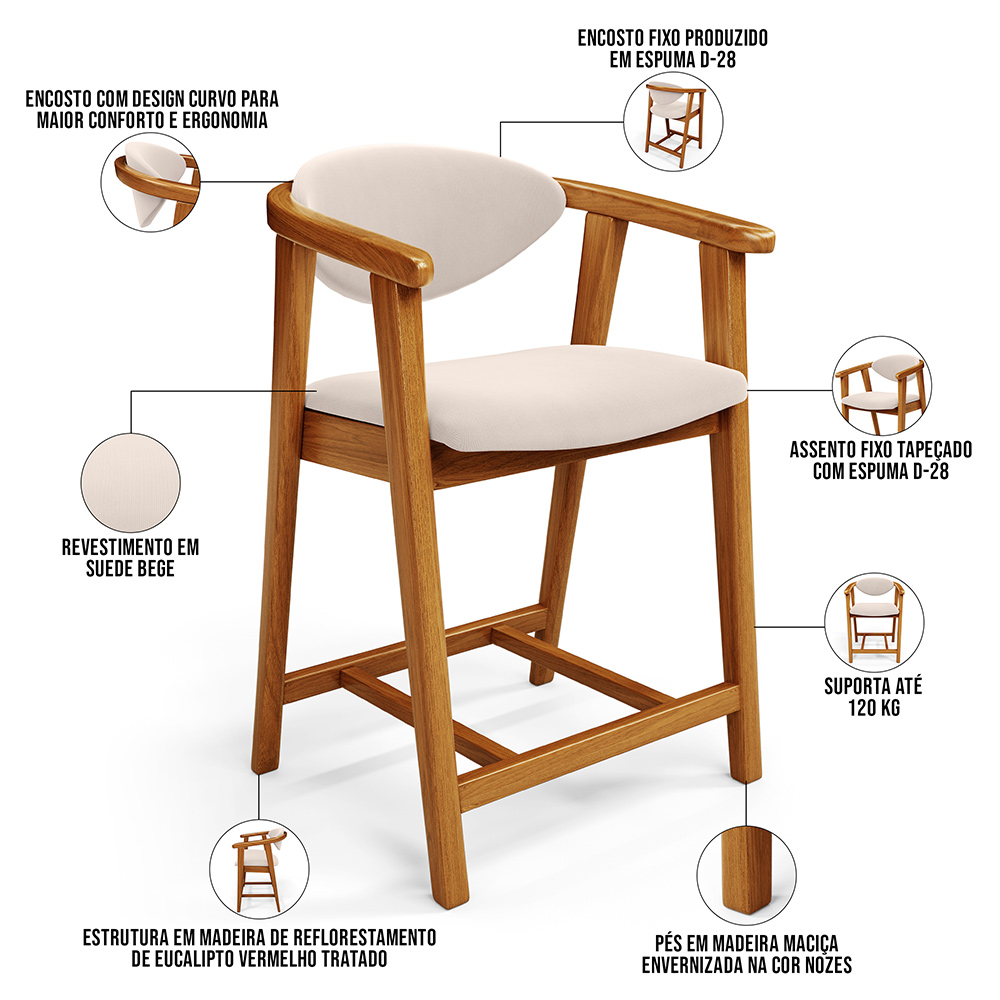 Banqueta Baixa Para Cozinha Sala de Jantar Bancada Cecília L02 Suede Bege - Lyam Decor