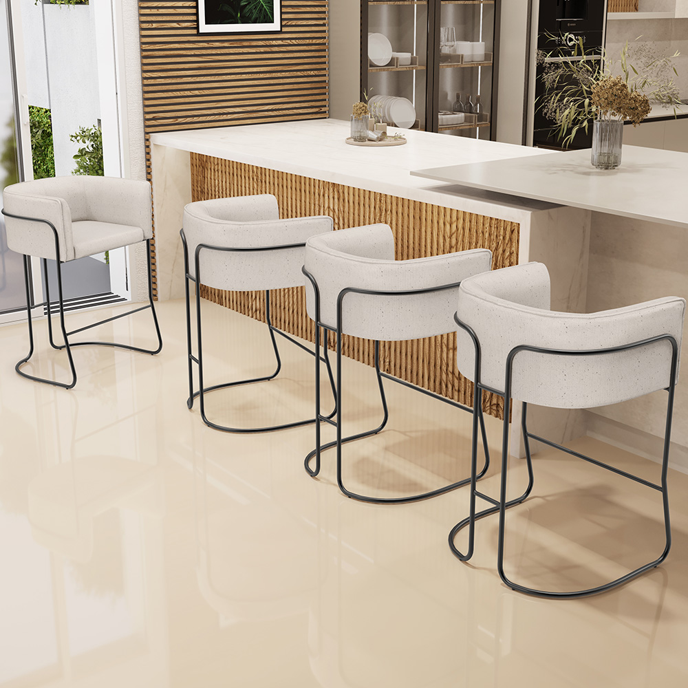 Banqueta Decorativa Fixa Baixa Base de Aço Preto Betina D02 Linho Cru D-461 - Lyam Decor
