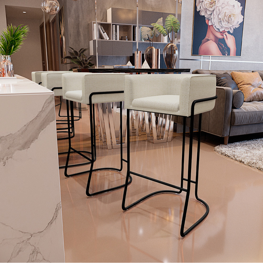 Banqueta Decorativa Fixa Base De Aço Preto Betina D02 Linho Champagne A-49 - Lyam Decor