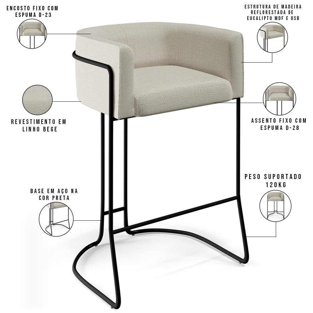 Banqueta Decorativa Fixa Base De Aço Preto Betina D02 Linho Champagne A-49 - Lyam Decor
