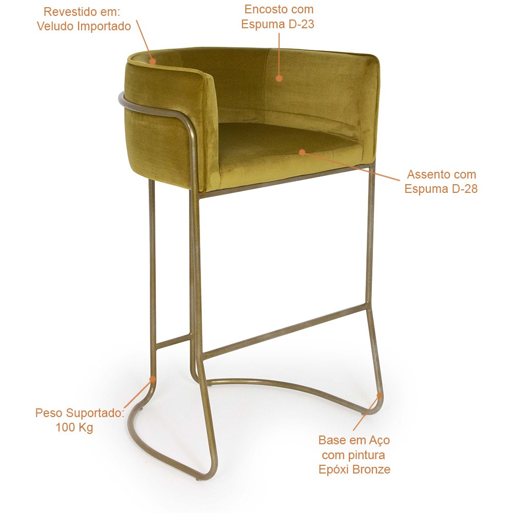 Banqueta Decorativa Fixa Base de Aço Bronze Betina D02 Veludo Mostarda C-260 - Lyam Decor