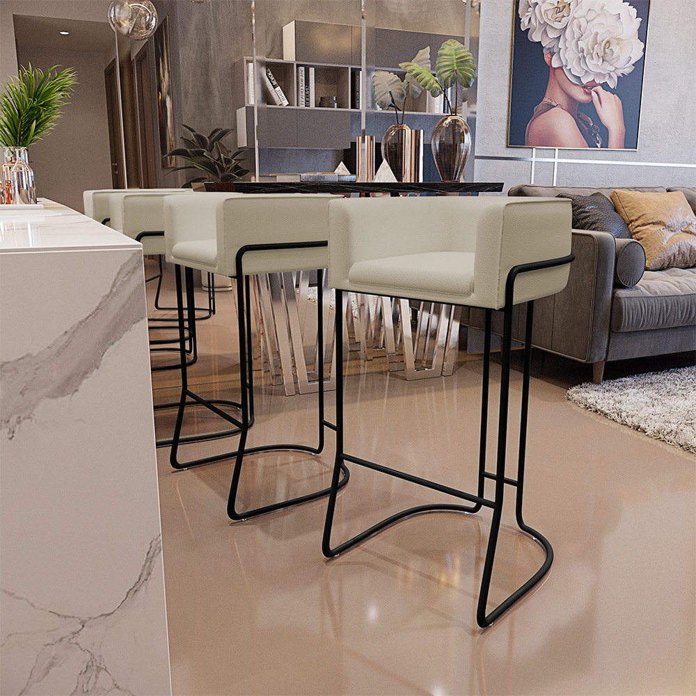Banqueta Decorativa Fixa Base de Aço Preto Betina D02 Corano Bege C-26- Lyam Decor