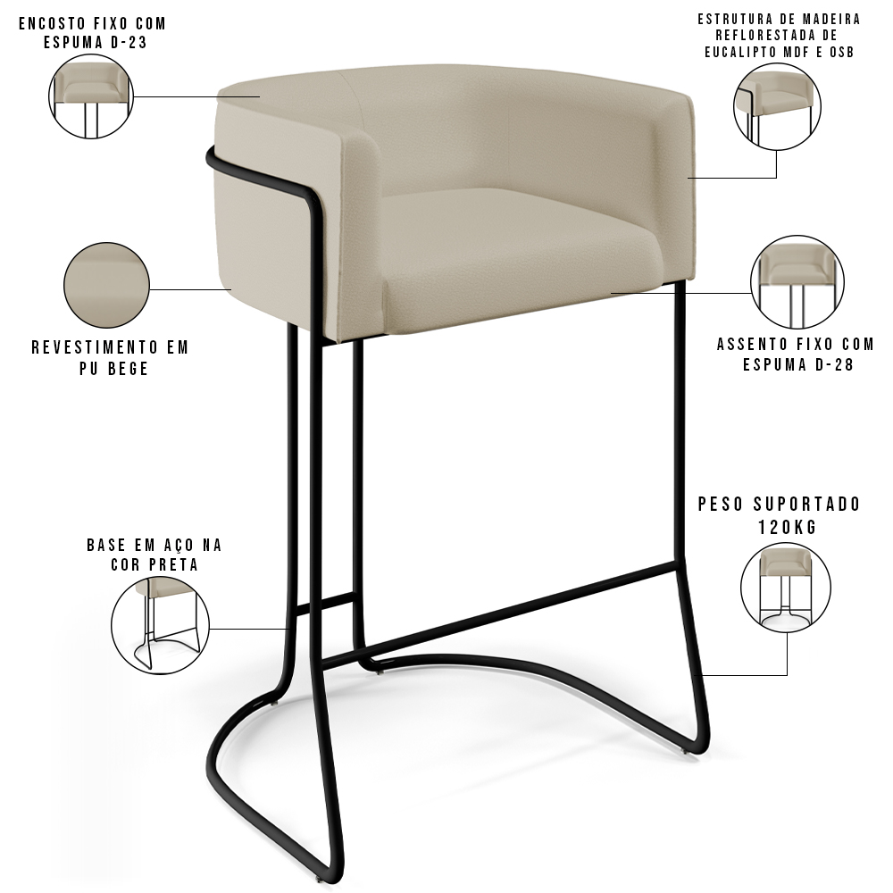 Banqueta Decorativa Fixa Base de Aço Preto Betina D02 Corano Bege C-26- Lyam Decor