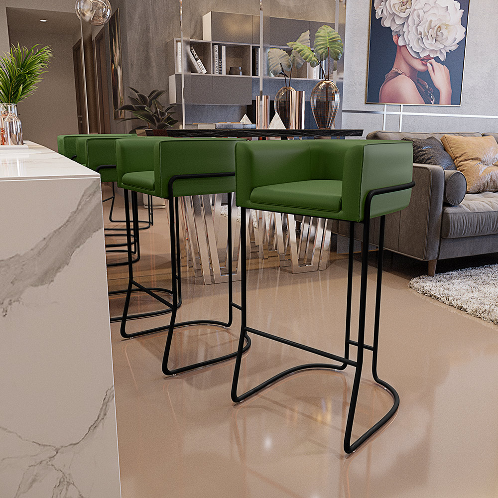Banqueta Decorativa Fixa Base de Aço Preto Betina D02 Corano Verde Musgo B-89 - Lyam Decor