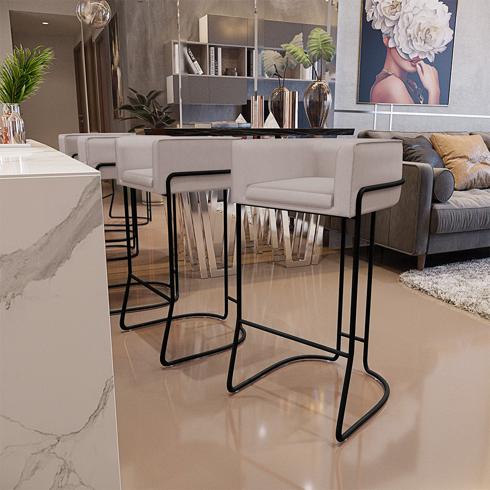 Banqueta Decorativa Fixa Base de Aço Preto Betina D02 Linho Bege C-107 - Lyam Decor