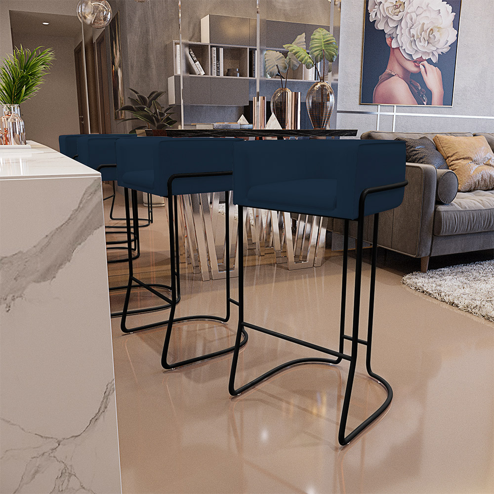 Banqueta Decorativa Fixa Base de Aço Preto Betina D02 Veludo Azul Oxford C-304 - Lyam Decor
