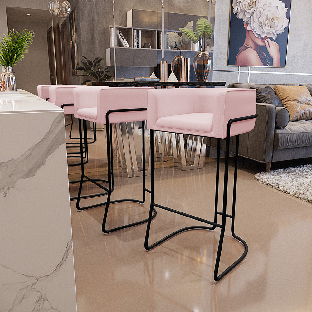 Banqueta Decorativa Fixa Base de Aço Preto Betina D02 Veludo Rosê C-305 - Lyam Decor