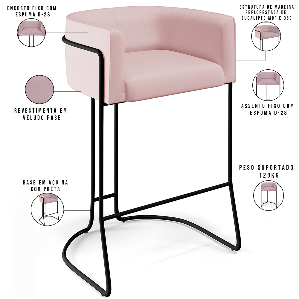 Banqueta Decorativa Fixa Base de Aço Preto Betina D02 Veludo Rosê C-305 - Lyam Decor