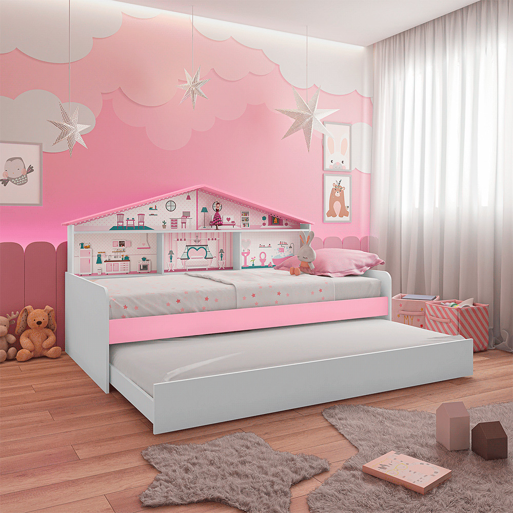 Bicama Infantil Com Casa De Boneca Quarto Anna Led P04 Branco Rosa - Lyam Decor