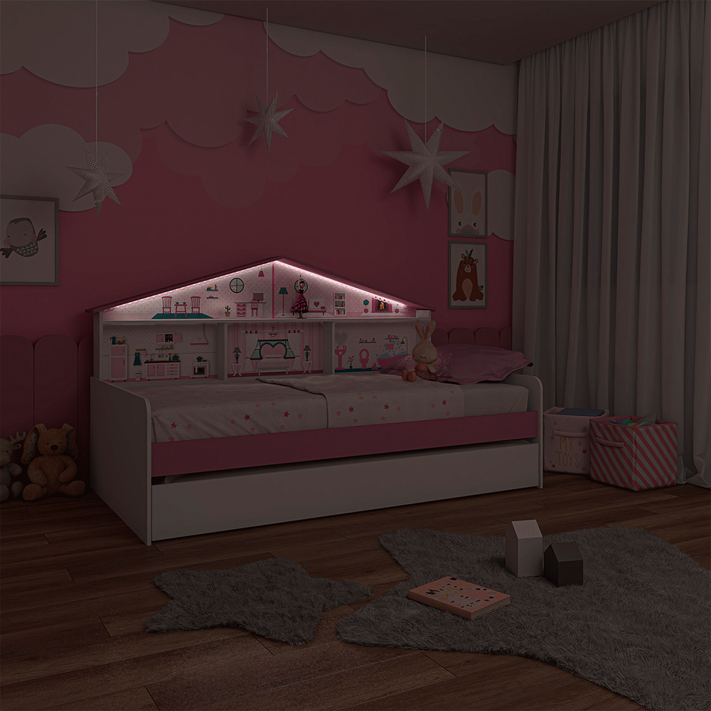 Bicama Infantil Com Casa De Boneca Quarto Anna Led P04 Branco Rosa - Lyam Decor