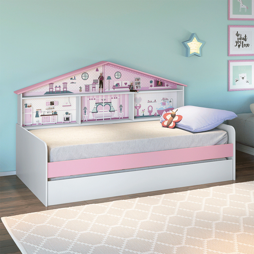 Bicama Infantil Com Casa De Boneca Quarto Anna Led P04 Branco Rosa - Lyam Decor