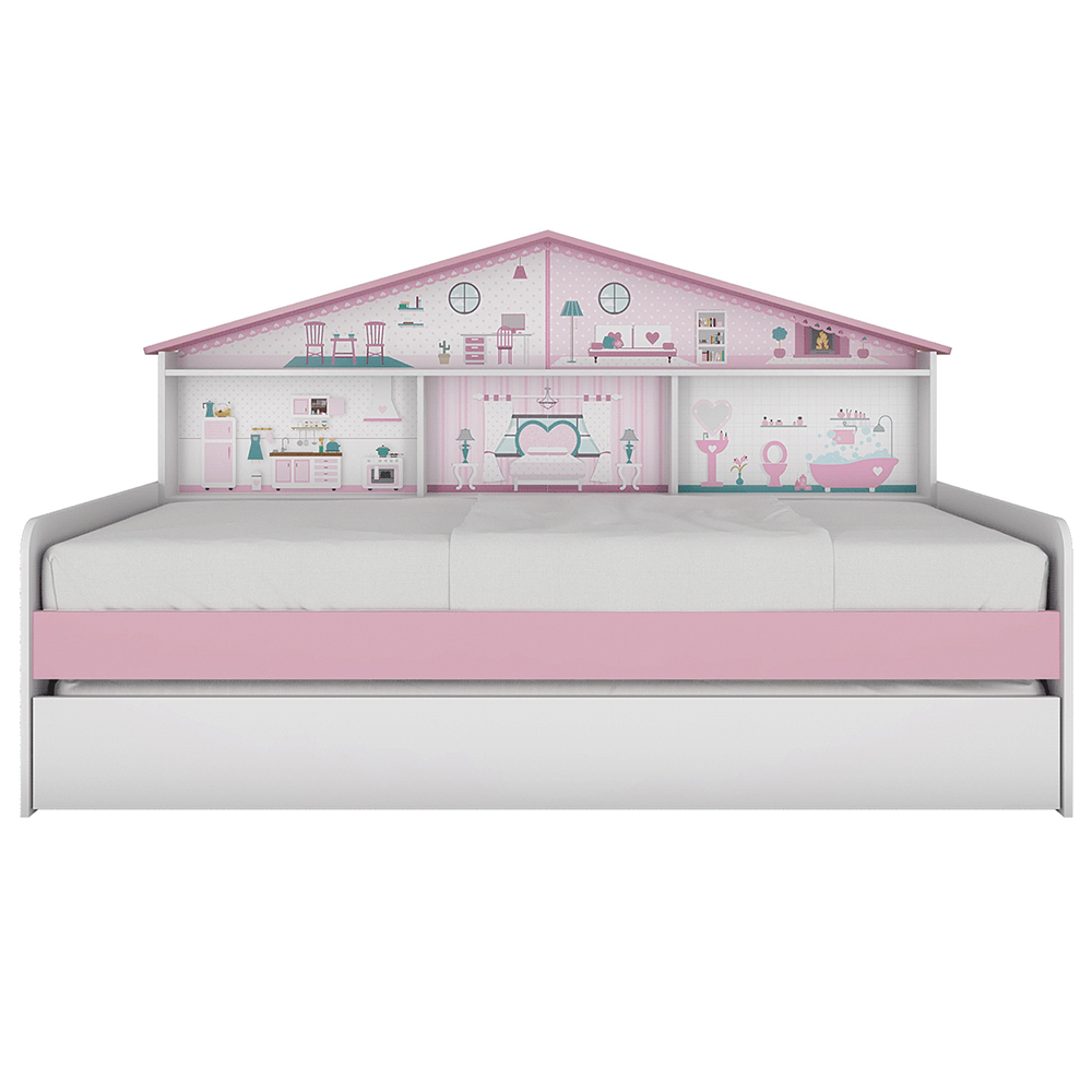 Bicama Infantil Com Casa De Boneca Quarto Anna Led P04 Branco Rosa - Lyam Decor