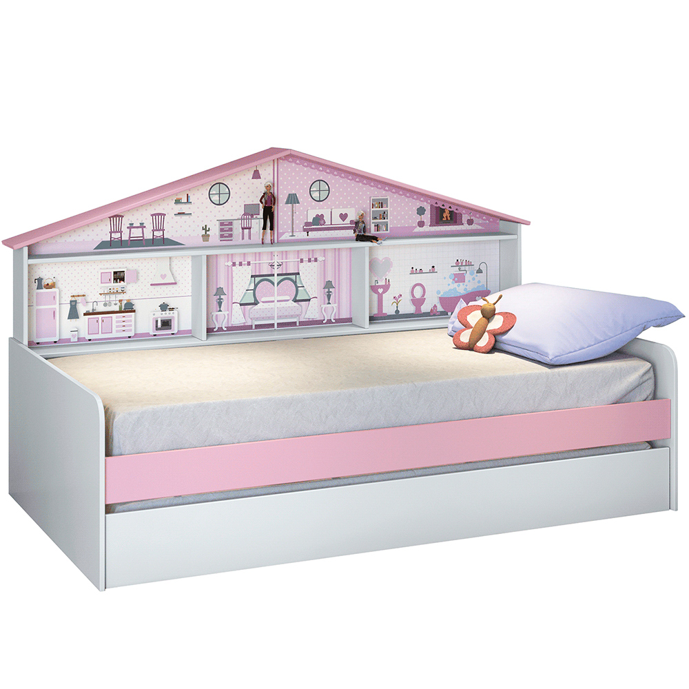 Bicama Infantil Com Casa De Boneca Quarto Anna Led P04 Branco Rosa - Lyam Decor