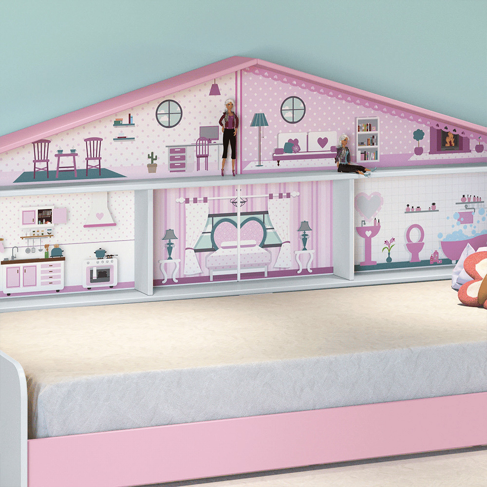 Bicama Infantil Com Casa De Boneca Quarto Anna Led P04 Branco Rosa - Lyam Decor