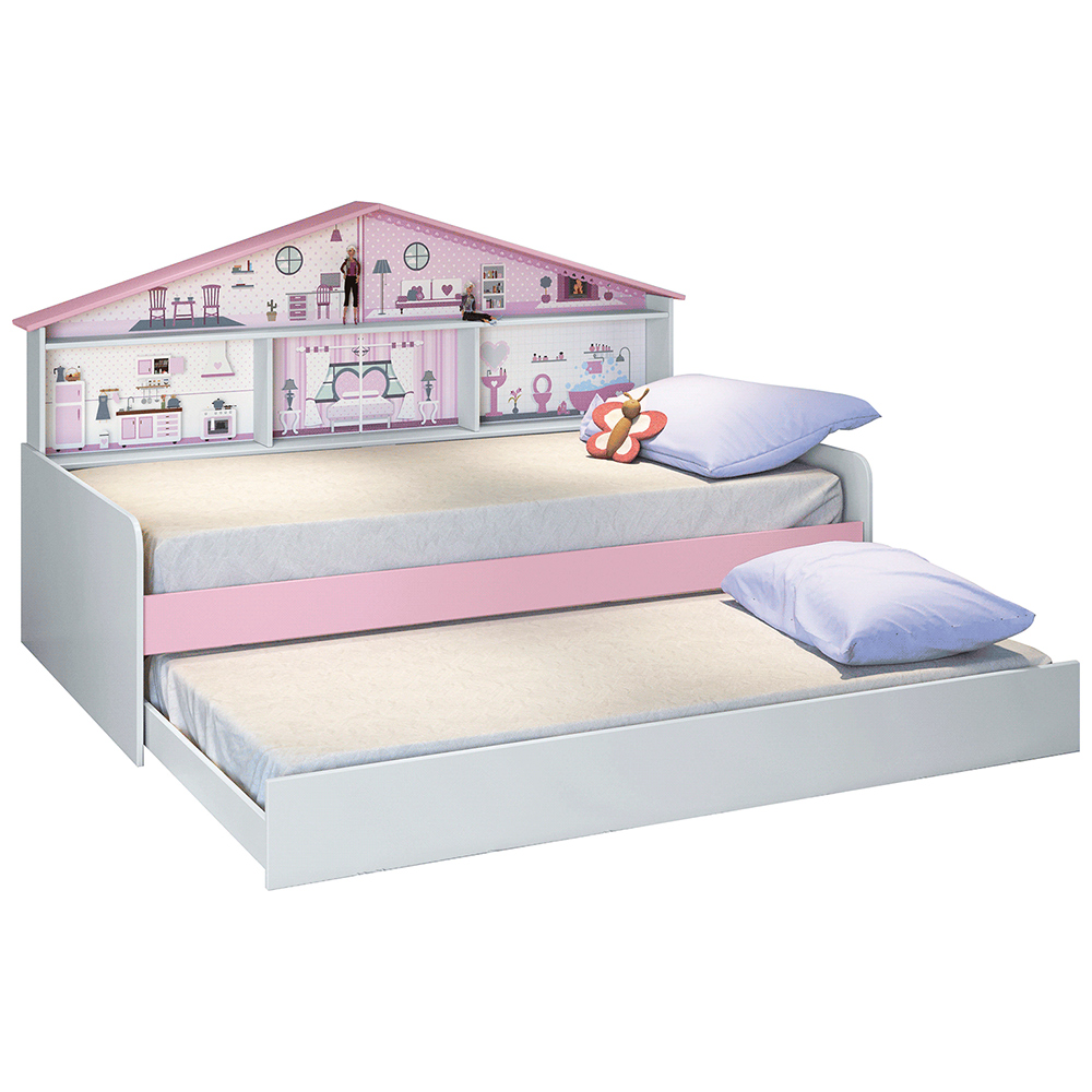 Bicama Infantil Com Casa De Boneca Quarto Anna P04 Branco Rosa - Lyam Decor