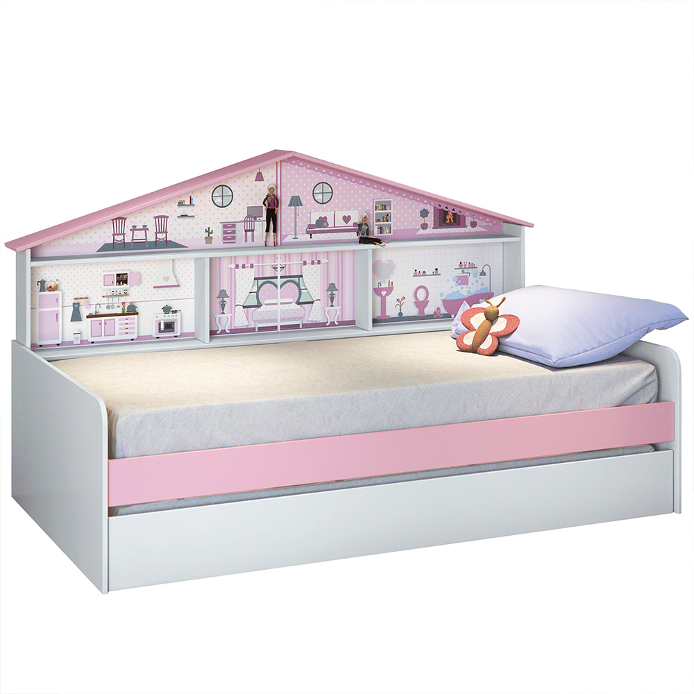 Bicama Infantil Com Casa De Boneca Quarto Anna P04 Branco Rosa - Lyam Decor
