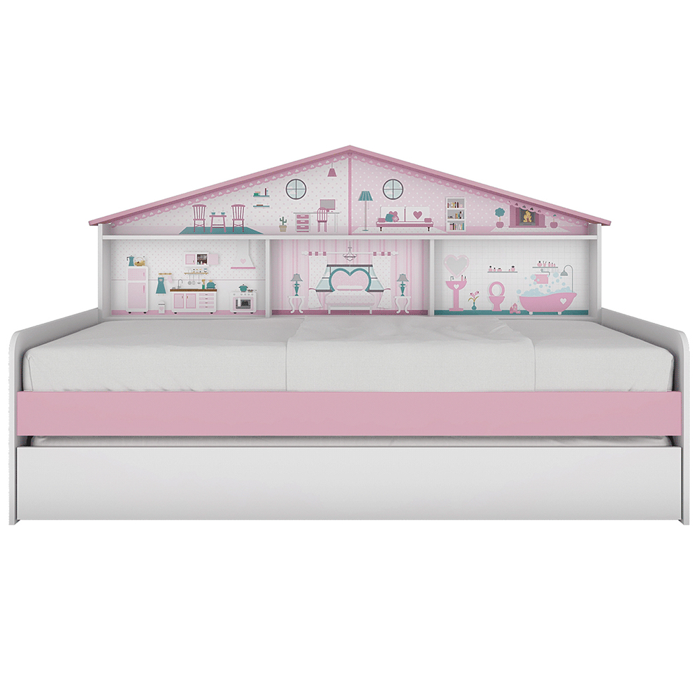 Bicama Infantil Com Casa De Boneca Quarto Anna P04 Branco Rosa - Lyam Decor