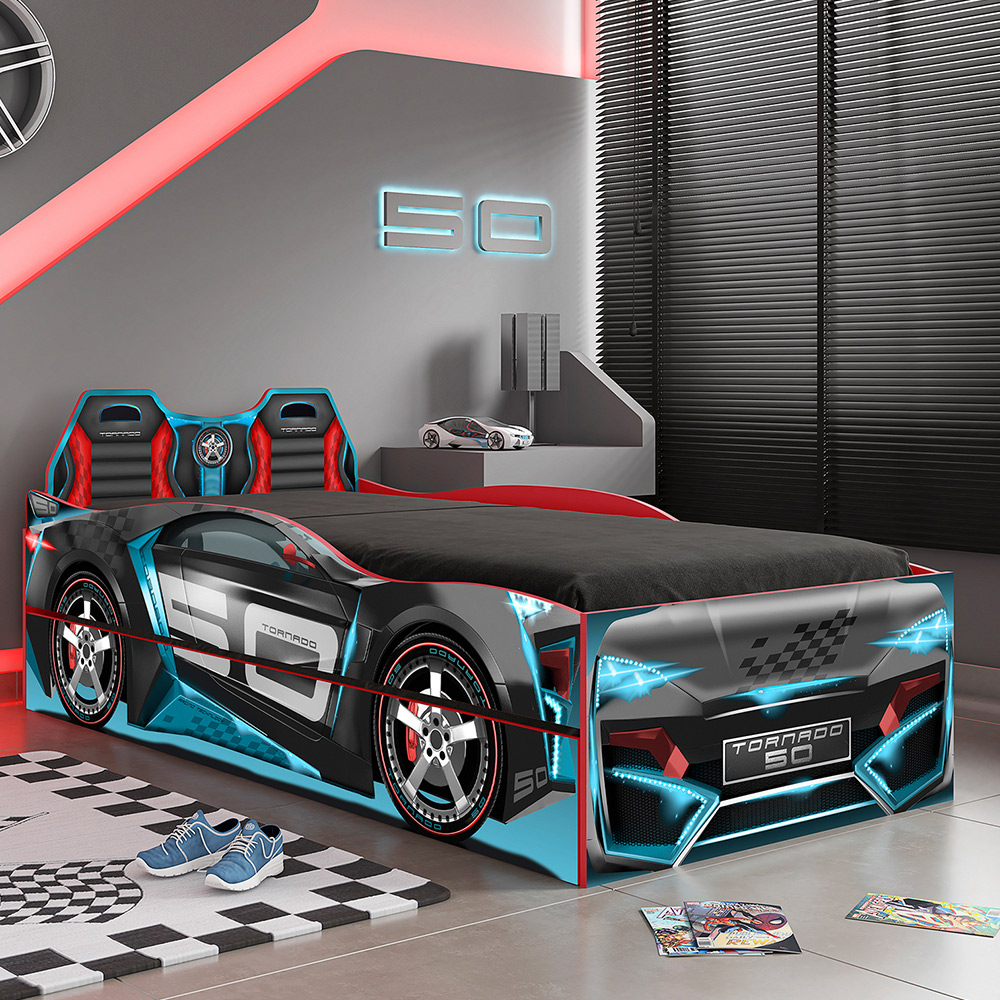 Bicama Infantil Com Proteção Lateral Quarto Speed Run Led P04 Vermelho Azul - Lyam Decor