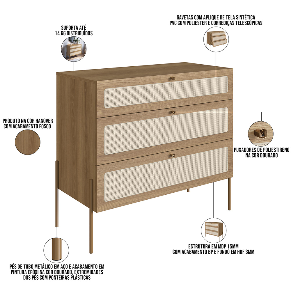 Cômoda Com 03 Gavetas Para Quarto Closet Industrial Indy A03 Hanover Dourado - Lyam Decor