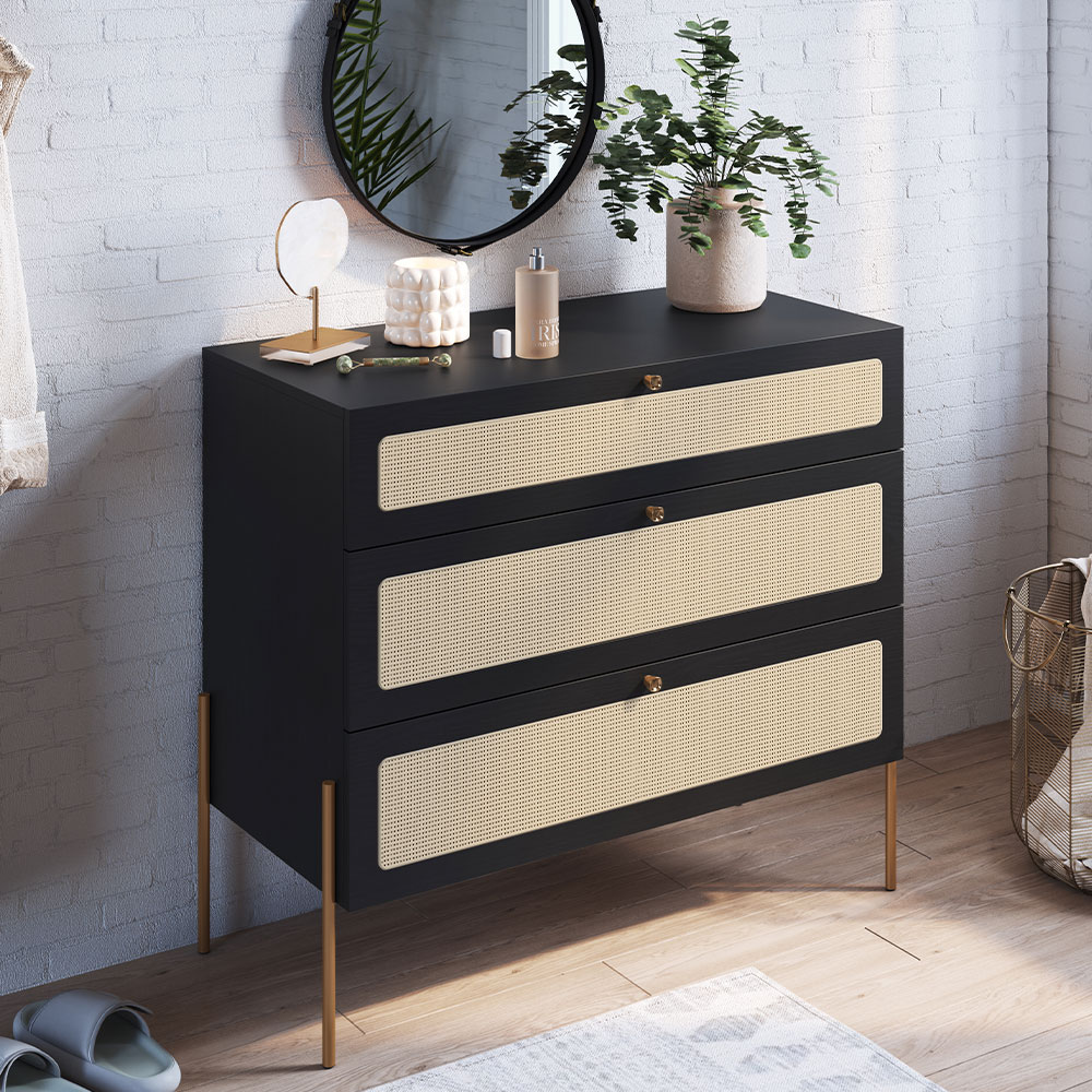 Cômoda Com 03 Gavetas Para Quarto Closet Industrial Indy A03 Nero Dourado - Lyam Decor