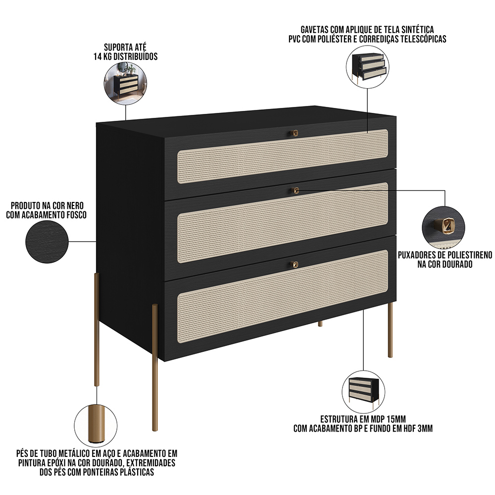 Cômoda Com 03 Gavetas Para Quarto Closet Industrial Indy A03 Nero Dourado - Lyam Decor
