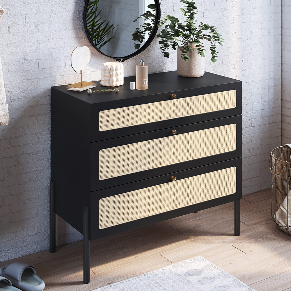 Cômoda Com 03 Gavetas Para Quarto Closet Pés Madeira Moss A03 Nero Preto - Lyam Decor