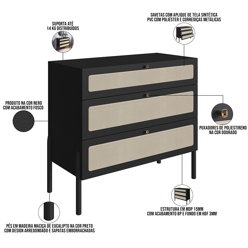 Cômoda Com 03 Gavetas Para Quarto Closet Pés Madeira Moss A03 Nero Preto - Lyam Decor