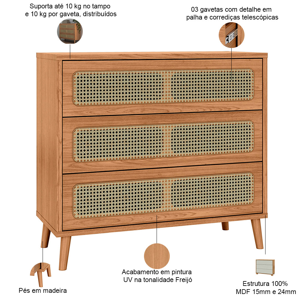 Cômoda Para Quarto 3 Gavetas Com Palha 105cm Pés Retrô Arnoni D03 Freijó - Lyam Decor