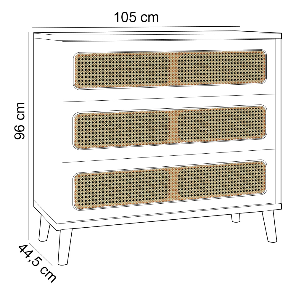 Cômoda Para Quarto 3 Gavetas Com Palha 105cm Pés Retrô Arnoni D03 Freijó - Lyam Decor