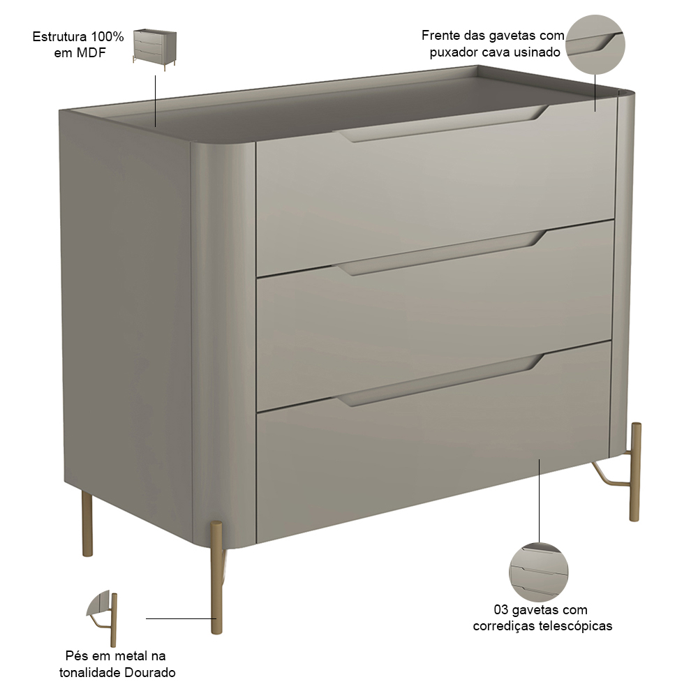 Cômoda Para Quarto Closet Orgânica 3 Gavetas Pés Industrial Dourado Bliss I03 Grigio - Lyam Decor