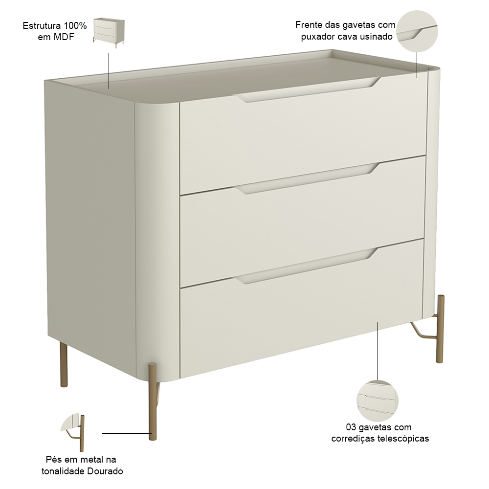 Cômoda Para Quarto Closet Orgânica 3 Gavetas Pés Industrial Dourado Bliss I03 Luna - Lyam Decor