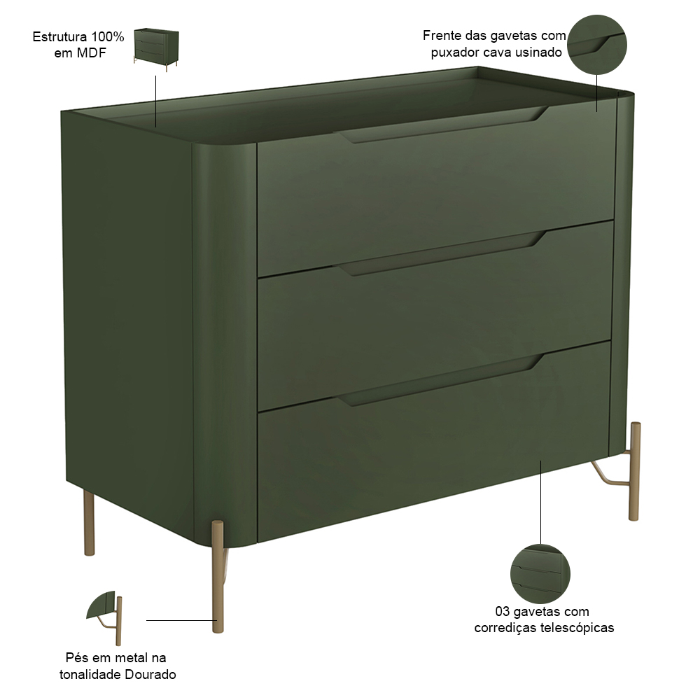 Cômoda Para Quarto Closet Orgânica 3 Gavetas Pés Industrial Dourado Bliss I03 Musgo - Lyam Decor