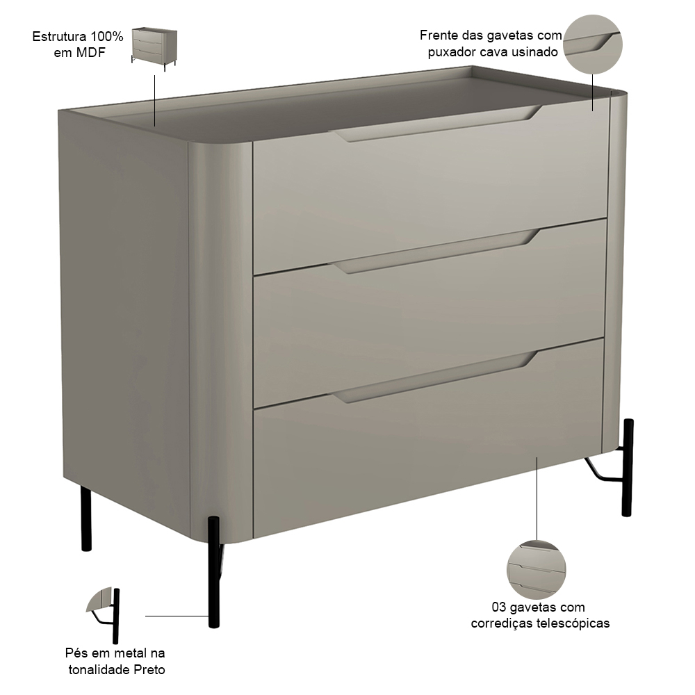Cômoda Para Quarto Closet Orgânica 3 Gavetas Pés Industrial Preto Bliss I03 Grigio - Lyam Decor